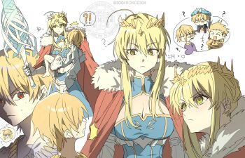 0304rong0304 1boy 1girl ? age_regression aged_down ahoge artoria_pendragon_(fate) artoria_pendragon_(lancer)_(fate) barefoot blonde_hair breasts cape carrying carrying_person child child_gilgamesh_(fate) cleavage cleavage_cutout clothing_cutout commentary_request crown fate/grand_order fate_(series) fur-trimmed_cape fur_trim gilgamesh gilgamesh_(caster)_(fate) gilgamesh_(fate) green_eyes highres holding holding_weapon jewelry korean_commentary korean_text lance large_breasts multiple_persona necklace oversized_clothes polearm red_cape red_eyes rhongomyniad_(fate) saber_(fate) sidelocks speech_bubble sweat thought_bubble translation_request weapon