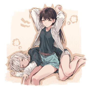 2girls bang_dream! bang_dream!_it's_mygo!!!!! bare_legs belt black_shirt border brown_belt brown_hair closed_eyes collared_jacket commentary furigana green_skirt hand_on_another's_knee highres jacket kaname_raana layered_sleeves long_hair long_sleeves lying miniskirt mole mole_under_eye multiple_girls on_bed on_side outline raana_the_cat revision shiina_taki shirt short_hair short_over_long_sleeves short_sleeves single_tear sitting skirt sleeping sleeves_past_wrists stretching two-tone_background v-shaped_eyebrows waking_up white_border white_hair white_shirt white_skirt yukitake_(bullfalk)