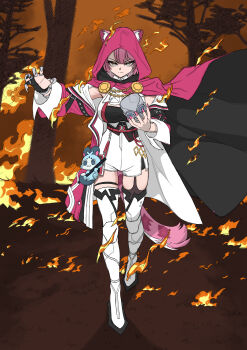 1girl absurdres animal_ears breasts chattino_(raora_panthera) commentary english_commentary fire highres hololive hololive_english large_breasts mask multicolored_hair panther_ears panther_girl pink_hair raora_panthera solo streaked_hair tail virtual_youtuber yellow_eyes z._(itsonlyzi)