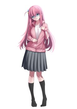 1girl absurdres black_socks blue_eyes bocchi_the_rock! commentary cube_hair_ornament defaultkavy full_body gotoh_hitori grey_skirt hair_ornament highres jacket kneehighs long_hair no_shoes one_side_up open_mouth pink_hair pink_jacket pleated_skirt shirt simple_background skirt socks solo unzipping white_background white_shirt