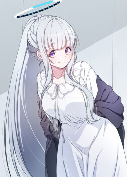 1girl arms_behind_back black_jacket blue_archive blunt_bangs breasts closed_mouth collarbone commentary_request cowboy_shot frilled_pajamas frills grey_hair halo highres indoors jacket kouji_(campus_life) large_breasts leaning_forward long_hair looking_at_viewer noa_(blue_archive) noa_(pajamas)_(blue_archive) open_clothes open_jacket pajamas purple_eyes sidelocks simple_background smile solo very_long_hair