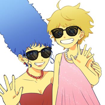 20th_century_fox blonde_hair blue_hair chawako_(spchawanmushi) child collar colored_skin dress grin highres lisa_simpson long_hair marge_simpson salute smile spiked_hair sunglasses teeth the_simpsons yellow_skin