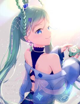 1girl absurdres aqua_hair aqua_nails bare_shoulders blue_eyes blue_jacket blush braid braided_hair_rings closed_mouth crop_top hair_between_eyes hair_ornament hair_rings hatsune_miku highres jacket long_hair long_sleeves looking_at_viewer looking_back magical_mirai_(vocaloid) magical_mirai_miku magical_mirai_miku_(2025) official_alternate_costume official_alternate_hairstyle otoha pink_nails smile solo star_(symbol) star_hair_ornament twintails very_long_hair vocaloid