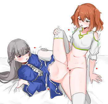 2girls absurdres blue_dress blue_eyes blush bottomless braid clothes_lift clothing_cutout commission commissioner_upload dress dress_lift grey_hair half_up_braid heart highres kanne_(sousou_no_frieren) lawine_(sousou_no_frieren) medium_hair multiple_girls navel no_panties non-web_source open_mouth orange_eyes orange_hair pussy pussy_juice sari_(zakura27502762) shirt shoulder_cutout simple_background sousou_no_frieren sweat thighhighs trembling tribadism two_side_up uncensored white_background white_shirt white_thighhighs yuri