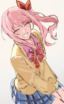 Rule 34 | 1other, ^ ^, akiyama mizuki, blue skirt, cardigan, closed eyes, collarbone, commentary, cowboy shot, facing viewer, grin, hashtag-only commentary, highres, kamiyama high school uniform (project sekai), leaning forward, long hair, long sidelocks, long sleeves, other focus, pink hair, plaid clothes, plaid skirt, pleated skirt, project sekai, school uniform, side ponytail, sidelocks, skirt, smile, standing, ur winterlove, v-shaped eyebrows, yellow cardigan