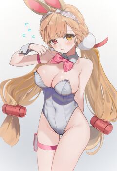 1girl ai-assisted alice_thymefield animal_ears bow bowtie breasts cleavage commentary detached_collar heterochromia highres large_breasts leotard long_hair playboy_bunny poki_(j0ch3fvj6nd) rabbit_ears solo strapless twintails wrist_cuffs zenless_zone_zero
