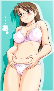 Rule 34 | 1girl, a (phrase), azumanga daiou, belly, belly grab, blush, bow, bow bra, bra, breasts, brown eyes, brown hair, cameltoe, cleavage, covered erect nipples, embarrassed, female focus, frilled panties, frills, glasses, jpeg artifacts, large breasts, lingerie, mizuhara koyomi, navel, panties, pinching, pink bra, pink panties, plump, purple bra, purple panties, shadow, solo, standing, sweatdrop, translation request, underwear, underwear only, weight conscious