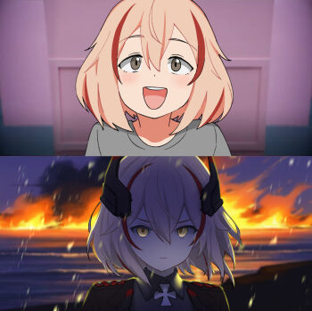 1girl :d azur_lane before_and_after black_jacket black_shirt blonde_hair blush burning commentary english_commentary expressionless hair_between_eyes happy headgear indoors jacket looking_at_viewer medium_hair meme multicolored_hair multiple_views ocean open_clothes open_jacket open_mouth outdoors parallelrey red_hair roon_(azur_lane) shirt smile solo squid_game streaked_hair two-tone_hair upper_body year_1_&amp;_year_2_(squid_game)_(meme) yellow_eyes
