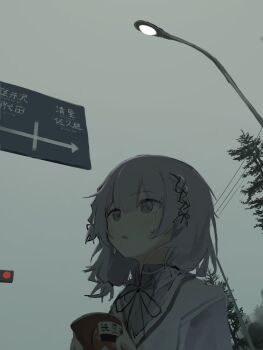 1girl braid fog grey_sky hair_ribbon highres holding ijou_(actorstrangeluv) indie_utaite lamppost medium_hair open_mouth outdoors purple_eyes purple_hair ribbon road_sign sakigane_poshika sign sky solo sweatdrop traffic_light tree