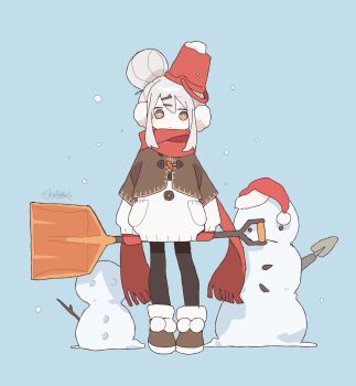 1girl aida_(aidia) black_pantyhose blue_background boots bright_pupils brown_boots brown_eyes brown_jacket bucket bucket_on_head closed_mouth commentary_request dot_nose double-parted_bangs earmuffs full_body fur-trimmed_boots fur_trim grey_hair hair_bun highres holding holding_shovel jacket long_sleeves looking_at_viewer object_on_head original pantyhose red_scarf scarf short_hair shovel signature simple_background single_hair_bun sleeves_past_fingers sleeves_past_wrists snow_shovel snowing snowman solo standing sweater white_pupils white_sweater