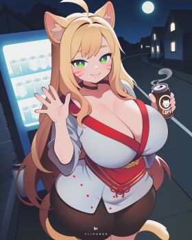 1girl ahoge animal_ear_fluff animal_ears artist_name bike_shorts blonde_hair breasts can canned_coffee cat_ears cat_girl choker cleavage coffee collarbone drink_can facial_mark flipherrrr full_moon hair_intakes highres huge_breasts long_hair looking_at_viewer moon night original outdoors smile solo standing steam tail thick_thighs thighs vending_machine waving whisker_markings