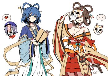Rule 34 | ..., 3girls, absurdres, blue dress, blue eyes, blue hair, breasts, cat mask, chisel, cleavage, commentary request, crossover, detached collar, dress, drill hair, drill sidelocks, gun, hagoromo, hair ornament, hair rings, hair stick, hand fan, heart, highres, holding, holding gun, holding mask, holding weapon, japanese clothes, jewelry, jiangshi, kaku seiga, kimono, looking at viewer, mahou shoujo no inshuu mura, mask, mask on head, medium breasts, miyako yoshika, multiple girls, necklace, nekomizo nora, obi, off shoulder, ofuda, one eye covered, open mouth, orange eyes, orange kimono, parted lips, pearl necklace, rope, rryy, sash, shaded face, shawl, shimenawa, sidelocks, simple background, touhou, weapon, white background