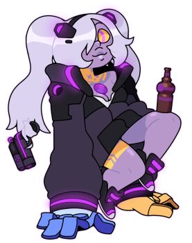1girl alternate_costume amethyst_(steven_universe) breasts chest_jewel cleavage closed_mouth colored_skin cosplay cyberpunk:_edgerunners cyberpunk_(series) discount-supervillain gem glowing hair_over_one_eye highres long_hair medium_breasts oversized_forearms oversized_limbs plump purple_gemstone purple_skin rebecca_(cyberpunk) rebecca_(cyberpunk)_(cosplay) shortstack smile solo steven_universe thick_lips twintails
