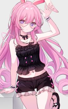 1girl animal_ears arm_support arm_up blush bow bow_choker choker commentary_request fake_wings flower-shaped_pupils frilled_shorts frills glasses heart heart-shaped_eyewear highres long_hair midriff navel nore_th original pink_hair purple_eyes rabbit_ears rabbit_girl sandals shirt shorts solo standing standing_on_one_leg strapless strapless_shirt symbol-shaped_pupils very_long_hair wings wrist_cuffs