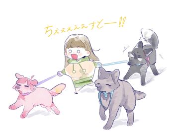 Rule 34 | 1girl, :d, animalization, anyoji hime, blank eyes, braid, brown hair, center-flap bangs, chesto (phrase), chibi, chibi only, closed mouth, commentary request, dog, fox, grey dog, hasu no shoushihenkei, holding, holding leash, hood, hoodie, kachimachi kosuzu, kachimachi kosuzu (summer loungewear), katsuragi izumi, leash, leash in mouth, link! like! love live!, long hair, long sleeves, love live!, momose ginko, mouth hold, o o, open mouth, pet walking, pink dog, pipi (m1x mix), side braids, simple background, smile, solo, virtual youtuber, white background, yellow hoodie
