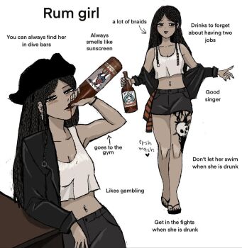 1girl black_hair black_jacket black_nails black_shorts bottle breasts cleavage cropped_shirt cross cross_earrings dreadlocks earrings ershmash flip-flops glass_bottle grey_eyes hatsune_miku holding holding_bottle jacket jewelry leg_tattoo long_hair medium_breasts nail_polish navel_piercing off_shoulder original piercing sandals shirt shorts simple_background single_off_shoulder sleeveless sleeveless_shirt solo table tattoo very_long_hair white_background white_shirt