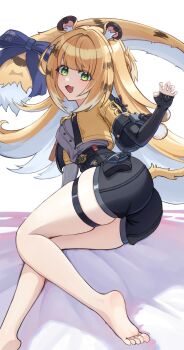 1girl :3 :d absurdres animal_ears ass barefoot black_gloves black_shorts blonde_hair blue_bow bow breasts chamcham_ee cropped_jacket fang fingerless_gloves gloves green_eyes highres jacket ju_fufu long_hair looking_at_viewer multicolored_hair open_mouth pointy_ears shorts small_breasts smile solo tail tail_bow tail_ornament thigh_strap tiger_ears tiger_girl tiger_stripes tiger_tail two-tone_hair white_hair yellow_jacket zenless_zone_zero