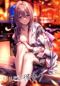 Rule 34 | 1girl, autumn leaves, blonde hair, blurry, blurry background, blush, breasts, cleavage, closed mouth, collarbone, commentary request, depth of field, floral print, floral print kimono, hair between eyes, hanikami kanojo, highres, japanese clothes, kimono, knees up, kurumi shinoha, large breasts, leaf, legs, looking at viewer, mole, mole under mouth, official art, onsen, piromizu, print kimono, purple eyes, sitting, smile, solo, translation request, wet, white kimono
