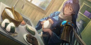 1girl armor black_coat blue_dress breasts closed_mouth coat cooking dress food food_request game_cg hat highres homare_(fool&#039;s_art) iizunamaru_megumu indoors kitchen long_hair long_sleeves looking_at_viewer nori_(seaweed) official_art onigiri open_clothes open_coat pauldrons plate pointy_ears purple_hair red_eyes ribbon-trimmed_sleeves ribbon_trim rice shoulder_armor shoulder_guard single_pauldron sink sleeveless sleeveless_coat smile solo surcoat third-party_source tokin_hat touhou touhou_lostword very_long_hair wide_sleeves window