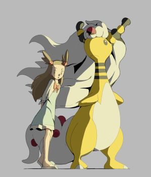 1girl ampharos bow breasts brown_eyes brown_hair closed_mouth dress forehead_jewel full_body gem gen_2_pokemon green_dress hair_bobbles hair_ornament jasmine_(pokemon) long_hair long_sleeves mega_ampharos mega_pokemon nintendo open_mouth orange_bow pokemon pokemon_(creature) pokemon_hgss psaber97 red_gemstone simple_background tail two_side_up white_hair