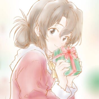 1girl alternate_eye_color black_eyes blurry blurry_background blush box brown_hair commentary_request dress folded_ponytail gift gift_box hayate_no_gotoku! holding holding_gift light_blush long_hair maria_(hayate_no_gotoku!) mg☆1/100 santa_costume santa_dress simple_background solo upper_body