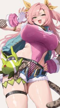 1girl :3 blue_jacket blue_shorts blush breasts covered_erect_nipples covered_navel cutoffs fingernails fishnets gloves green_eyes green_nails hair_ribbon highres hip_bones jacket large_breasts leopard_tail leotard long_hair mole mole_under_eye multicolored_nails nail_polish nicole_demara nicole_demara_(cunning_cutie) ok_sign open_mouth pink_hair pink_leotard pink_nails purple_nails ramanda ribbon shorts simple_background smile solo tail thigh_strap thighs two_side_up white_gloves zenless_zone_zero