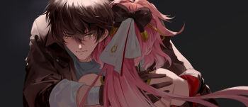 1boy 1girl black_bow black_gloves black_hair black_jacket bow changli_(wuthering_waves) clenched_teeth commentary crying crying_with_eyes_open english_commentary gloves grey_shirt hair_between_eyes hair_bow highres hug jacket long_hair male_rover_(wuthering_waves) pink_hair rover_(wuthering_waves) ruoruoqiu shirt tears teeth wuthering_waves yellow_eyes
