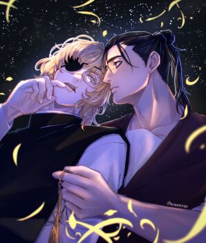 2boys badeni black_hair black_tabard blonde_hair blue_eyes brown_eyes brown_vest chi.:_chikyuu_no_undou_ni_tsuite eyepatch hair_bun highres long_hair male_focus medium_hair multiple_boys oczy parted_lips ponytail robe scar scar_on_face scar_on_mouth scar_on_nose shirt sky star_(sky) starry_sky streamers syuoutenze tabard twitter_username upper_body vest white_robe white_shirt yaoi