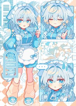 ... 1girl :3 :d :o alternate_costume animal_ears apron blue_bow blue_eyes blue_jacket blue_shoes blue_shorts blush bone bow bow_apron closed_eyes closed_mouth commentary dog_ears dog_girl enmaided frilled_apron frills full_body grey_hair grid_background hair_between_eyes hair_bow highres holding holding_bone izayoi_sakuya jacket jersey_maid kemonomimi_mode long_hair long_sleeves looking_at_viewer loose_socks maid maid_headdress multiple_views open_mouth shirocha_tei shoes shorts smile sneakers socks spoken_ellipsis standing touhou track_jacket twitter_username unconventional_maid v-shaped_eyebrows watermark white_apron yellow_socks zipper