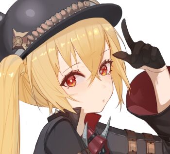 1girl black_gloves black_helmet black_jacket blonde_hair blush combat_helmet commentary crop_top gloves hair_between_eyes helmet jacket long_hair looking_at_viewer luciana_de_montefio ppop_(2212538880) red_eyes shirt shorts side_ponytail solo zenless_zone_zero