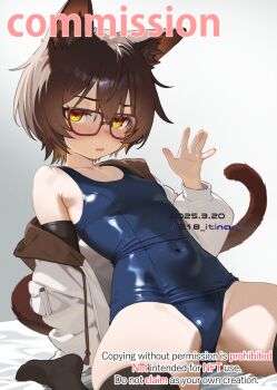 1girl animal_ears black_thighhighs blue_one-piece_swimsuit blush breasts brown_hair cat_ears cat_girl cat_tail commission covered_navel highres itinana jacket looking_at_viewer one-piece_swimsuit open_clothes open_jacket orange_eyes original parted_lips school_swimsuit short_hair skeb_commission small_breasts solo swimsuit tail thighhighs vrchat