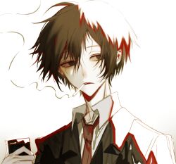 Rule 34 | 1boy, black jacket, brown eyes, brown hair, chinese commentary, cigarette, collared shirt, commentary request, hair between eyes, holding, holding lighter, jabuchi you, jacket, lighter, luomushen, male focus, necktie, pale skin, portrait, red necktie, saibou shinkyoku, shirt, short hair, simple background, smoking, solo, white background, white shirt