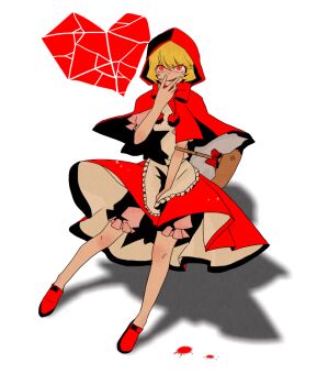 Rule 34 | 1girl, apron, b.b. hood, basket, blonde hair, bloomers, broken glass, capelet, commentary request, covering own mouth, darkstalkers, dress, glass, hand over own mouth, heart, hood, hood up, looking at viewer, red dress, red eyes, red hood, skirt hold, solo, tongue, tongue out, tyag53, underwear