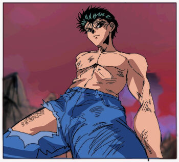 1boy black_hair denim hiei4455 jeans looking_at_viewer lowres male_focus maroon_background pants serious solo topless_male torn_clothes torn_pants urameshi_yuusuke yuu_yuu_hakusho