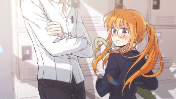 1boy 1girl blush crossed_arms getabako glasses hair_up highres holding holding_umbrella kitagawa_yuusuke kosei_high_school_uniform locker looking_at_another malang_face persona persona_5 ponytail sakura_futaba school_uniform shuujin_academy_school_uniform umbrella