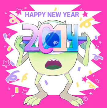 1boy 2014 animification colored_skin cyclops full_body green_eyes green_skin happy_new_year horns male_focus mike_wazowski monsters_inc. multicolored_hair new_year no_humans one-eyed solo streaked_hair teeth yokotn