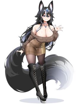 1girl absurdres animal_ear_fluff animal_ears bare_shoulders black_boots black_hair blue_eyes blue_gem boots breasts brown_pantyhose brown_skirt brown_sweater choker cleavage closed_mouth collarbone commentary commission crossed_bangs double-parted_bangs english_commentary full_body gem hair_between_eyes hand_up high_heel_boots high_heels highres huge_breasts long_hair long_sleeves looking_at_viewer multicolored_hair off-shoulder_sweater off_shoulder original pantyhose saltnvalk signe_brachirsdottr_(azaertia) silver_choker silver_tiara simple_background skirt smile solo standing streaked_hair sweater tail thigh_boots tiara vgen_commission white_background white_streaks wolf_ears wolf_girl wolf_tail