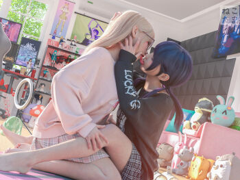 2girls 3d bedroom between_legs blonde_hair blue_hair french_kiss glasses height_difference highres indoors kiss multiple_girls nekotamamofu on_floor original otaku_room school_uniform sitting tongue tongue_out yuri