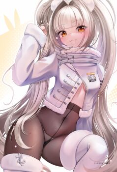 1girl absurdres black_pantyhose blanc_(fortune_express)_(nikke) blanc_(nikke) blush boots breasts closed_mouth coat commentary fur-trimmed_boots fur-trimmed_collar fur_trim goddess_of_victory:_nikke hat high-waist_pantyhose highres jacket long_hair looking_at_viewer navel official_alternate_costume official_alternate_hairstyle panties panties_under_pantyhose pantyhose see-through_clothes see-through_pantyhose sleepycake smile solo symbol-only_commentary twintails underwear very_long_hair white_boots white_hair white_hat white_panties winter_clothes winter_coat yellow_eyes