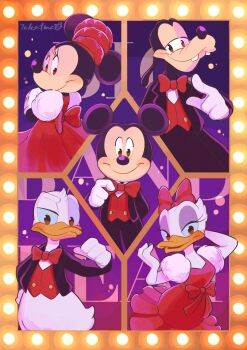 2girls 3boys animal_ears bow daisy_duck donald_duck dress duck_boy duck_girl dusneyland gloves goofy hair_bow highres looking_at_viewer mickey_mouse mickey_mouse_&amp;_friends minnie_mouse mouse_ears multiple_boys multiple_girls open_mouth red_dress shirt smile takatmaorange white_gloves