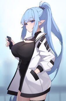 1girl absurdres black_dress blue_eyes blue_hair blurry blurry_background breasts cellphone character_pria cleavage closed_mouth commentary cowboy_shot dress duplicate elf from_side hand_in_pocket high_ponytail highres hns holding holding_phone huge_breasts jacket korean_commentary long_hair long_pointy_ears long_sleeves looking_at_viewer open_clothes open_jacket original outdoors phone pixel-perfect_duplicate pointy_ears ponytail short_dress sidelocks smartphone solo very_long_hair white_jacket