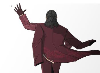 1boy black_hair coat coat_on_shoulders commentary_request from_behind gloves highres jacket korean_commentary lei_heng_(project_moon) limbus_company male_focus medium_hair pants print_coat project_moon red_coat red_gloves red_jacket red_pants solo user_dtzy7353 walking_away waving white_background