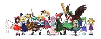 :3 absurdres animal_print arm_cannon arm_warmers ascot between_fingers black_bow black_dress black_hairband black_hat black_shoes blonde_hair blue_ascot blue_shoes blue_skirt bow braid brown_dress brown_hair bucket buttons cape capelet center_frills chain cone_horns cup detached_sleeves dress fang frilled_dress frilled_hair_tubes frilled_sleeves frills frog_hair_ornament frog_print full_body geta gohei green_hair green_skirt group_picture hair_ornament hair_tubes hairband hakurei_reimu hands_on_own_hips hat heart heart_button heart_hair_ornament highres holding holding_gohei horns hoshiguma_yuugi kaenbyou_rin kirisame_marisa kisume kochiya_sanae komeiji_koishi komeiji_satori kurodani_yamame long_hair looking_at_viewer medium_hair mizuhashi_parsee moriya_suwako ofuda ofuda_between_fingers oni open_mouth pink_hair purple_dress pyonta red_dress reiuji_utsuho ribbon_trim sakazuki sash scarf shirt shoes short_hair short_twintails single_braid skirt sleeveless sleeveless_dress smile smug snake socks starry_sky_print striped_clothes subterranean_animism sweatdrop third_eye touhou twin_braids twintails two-sided_cape two-sided_fabric undershirt vertical-striped_clothes very_long_hair waving weapon white_background white_bow white_sash white_shirt white_socks wide_sleeves wings witch_hat wrist_cuffs yoiy_san