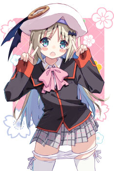 Rule 34 | 1girl, :o, akayama yukihe, beret, black jacket, blue eyes, blush stickers, bow, bowtie, buttons, collared shirt, commentary, cowboy shot, double v, embarrassed, eyes visible through hair, fang, furrowed brow, grey hair, grey skirt, hair between eyes, hands up, hat, highres, jacket, little busters!, little busters! school uniform, looking at viewer, miniskirt, noumi kudryavka, open mouth, panties, pink background, pink bow, pink bowtie, pink panties, plaid clothes, plaid skirt, pleated skirt, school uniform, shirt, simple background, skirt, sleeves past wrists, solo, tareme, tearing up, tears, thighhighs, two-tone background, underwear, v, white background, white hat, white panties, white shirt, white thighhighs, zettai ryouiki