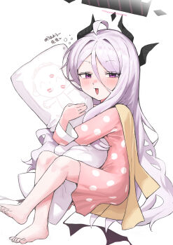 absurdres ahoge black_halo blue_archive blush dakimakura_(object) demon_girl demon_horns demon_wings doodle_sensei_(blue_archive) halo highres hina_(blue_archive) hina_(pajamas)_(blue_archive) hogo_(otora50) horns jacket long_hair looking_at_viewer low_wings open_mouth pajamas pillow pink_pajamas polka_dot polka_dot_pajamas purple_eyes sensei_(blue_archive) sitting very_long_hair white_hair wings yellow_jacket