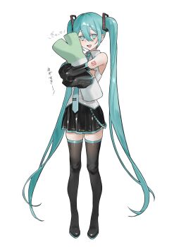 1girl absurdres aqua_eyes aqua_hair aqua_necktie bare_shoulders black_boots black_skirt boots commentary detached_sleeves hair_between_eyes hakai_orz hatsune_miku highres holding holding_stuffed_toy hugging_object long_hair looking_at_viewer necktie number_tattoo open_mouth shiny_clothes shirt shoulder_tattoo skirt sleeveless sleeveless_shirt solo spring_onion stuffed_animal stuffed_spring_onion stuffed_toy tattoo thigh_boots translated very_long_hair vocaloid white_shirt