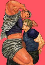 Rule 34 | 123456dyom, 2boys, absurdres, arms behind back, ass, bara, black shirt, bound, bound wrists, brown hair, chris redfield, closed mouth, eyewear on head, green pants, grey hair, grey shorts, highres, large pectorals, leon s. kennedy, male focus, multiple boys, muscular, muscular male, official alternate costume, open clothes, open shirt, pants, pectorals, resident evil, resident evil 4, resident evil 5, restrained, shirt, short hair, shorts, simple background, sunglasses, thick thighs, thighs, tongue, tongue out, white shirt, yaoi
