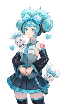 1girl :&gt; absurdres black_skirt black_sleeves black_thighhighs blue_bow blue_eyes blue_hair blue_necktie blush_stickers bow breasts cinnamiku cinnamoroll closed_eyes closed_mouth collared_shirt commentary_request crossover detached_sleeves fuwa_fuwa_cinnamoroll hair_bow hatsune_miku headphones heart highres long_sleeves luojiwei necktie pleated_skirt sanrio shirt simple_background skindentation skirt sleeveless sleeveless_shirt small_breasts standing thighhighs triangle_mouth vocaloid white_background white_shirt wide_sleeves
