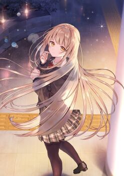 Rule 34 | 1girl, absurdres, black coat, black pantyhose, black shoes, blurry, blush, bokeh, bow, bowtie, brown eyes, brown hair, brown skirt, clenched hand, closed mouth, coat, cover, cover image, depth of field, duffel coat, finger to cheek, floating hair, foot out of frame, from behind, from side, hair spread out, hands up, hanekoto, highres, hood, hood down, hooded coat, layered sleeves, leg up, loafers, long hair, long sleeves, looking at viewer, looking back, looking up, miniskirt, novel illustration, official art, otonari no tenshi-sama ni itsu no mani ka dame ningen ni sarete ita ken, outdoors, pantyhose, plaid clothes, plaid skirt, pleated skirt, red bow, red bowtie, school uniform, second-party source, shiina mahiru (otonari no tenshi-sama), shoes, skirt, smile, solo, sparkle, split mouth, standing, tactile paving, textless version, very long hair, winter clothes, winter coat