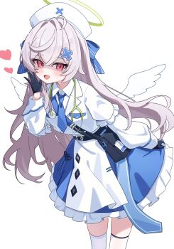 1girl :d angel angel_wings bag beatrixa_(stella_sora) black_bag black_gloves blue_bow blue_necktie blue_skirt blush bow collared_shirt commentary cowboy_shot fang gloves grey_hair hair_bow hair_ornament halo hat highres long_hair necktie nonddu nurse_cap open_mouth red_eyes shaded_face shirt shoulder_bag simple_background skin_fang skirt smile solo stella_sora stethoscope thighhighs white_background white_shirt white_thighhighs white_wings wings x_hair_ornament yellow_halo